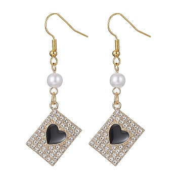 Alloy Crystal Rhinestone Rectangle with Heart Dangle Earrings, Imitated Pearl Acrylic Beaded Drop Earrings with Enamel, Black, 47~55x18mm