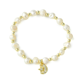 Natural Cultured Freshwater Pearl Beads Stretch Bracelets, Star Moon Brass Pave Clear Cubic Zirconia Charm Bracelets for Women, Golden, Inner Diameter: 2-1/4 inch(5.7cm)