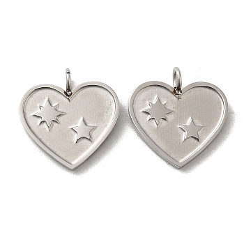 316L Surgical Stainless Steel Pendants, Heart with Star Charm, Stainless Steel Color, 15.5x15x4mm, Hole: 2.8mm