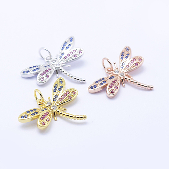 Brass Micro Pave Cubic Zirconia Pendants, Dragonfly, Lead Free & Nickel Free & Cadmium Free, Colorful, Mixed Color, 16.5x22x3mm, Hole: 3mm
