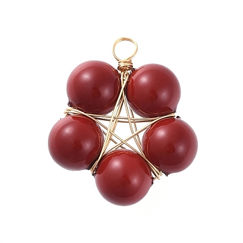 Shell Pearl Pendants, with Golden Plated Copper Wire, Flower, Dark Red, 24x22x8mm, Hole: 2.3mm