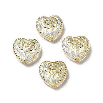 Plating Acrylic Beads, Golden Metal Enlaced, Heart with Flower Pattern, White, 17x18x6mm, Hole: 1.6mm, about 388pcs/500g
