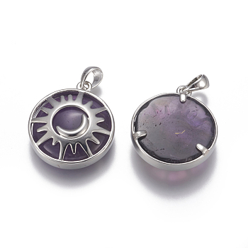 Natural Amethyst Pendants, with Brass Findings, Flat Round with Sun and Moon, Platinum, 32x27~27.5x7~7.5mm, Hole: 4x6mm