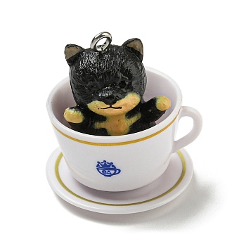 Opaque Resin Puppy Pendants, Cute Dog in Tea Cup Charms, with Platinum Tone Iron Loops, Black, 31~32.5x28x26mm, Hole: 2mm