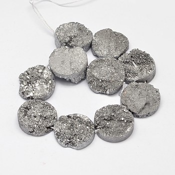 Electroplated Natural Druzy Quartz Crystal Beads Strands, Flat Round , Silver Plated, 20x8~10mm, Hole: 1mm, about 10pcs/strand, 8 inch