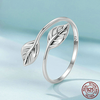 Leaf Rhodium Plated 925 Sterling Silver Cuff Rings for Women, Platinum, US Size 8(18.1mm)