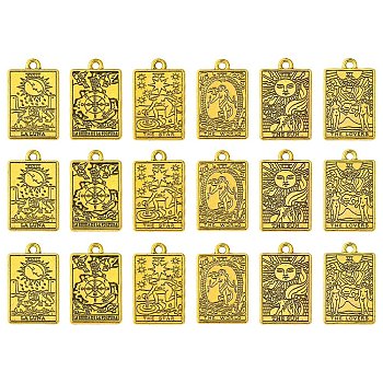 18Pcs 6 Styles Zinc Tibetan Style Alloy Pendants, Rectangle with Tarot Charm, Antique Golden, 23x14x1.5mm, Hole: 1.8mm, 3pcs/style