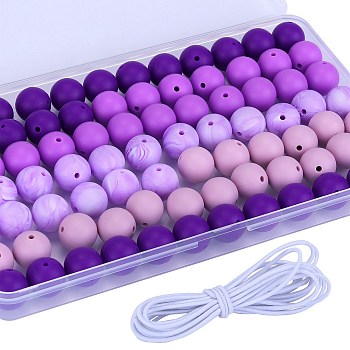 80Pcs 4 Style Round Silicone Focal Beads, Chewing Beads For Teethers, DIY Nursing Necklaces Making, with 2M Core Spun Elastic Cord, Mixed Color, 15mm, Hole: 2mm, 20pcs/style