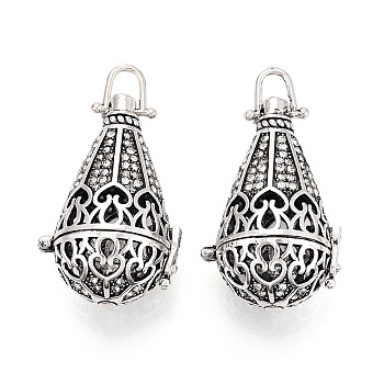 Rack Plating Brass Cage Pendants, Nickel Free, For Chime Ball Pendant Necklaces Making, with Rhinestone, Drop, Antique Silver, 43x27x22mm, Hole: 4.5x4.5mm, inner measure: 19mm