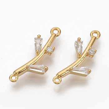 Brass Clear Cubic Zirconia Links, Nickel Free, Branch, Real 18K Gold Plated, 18x8x3mm, Hole: 0.8mm