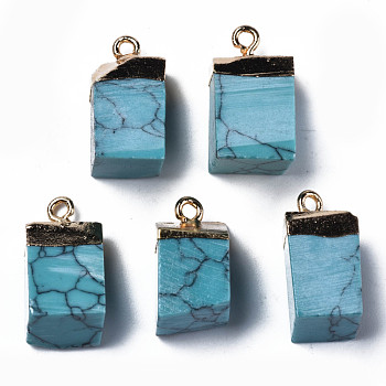 Synthetic Turquoise Pendants, with Golden Brass Findings, Rack Plating, Cube, 18~21x9~12x9~13mm, Hole: 1.6mm