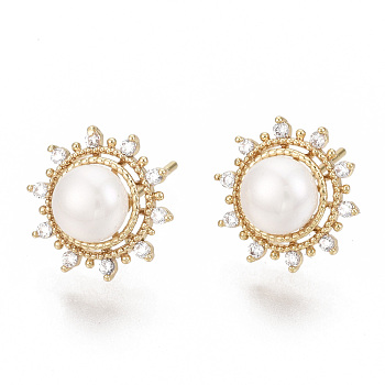 Brass Micro Clear Cubic Zirconia Stud Earrings, with ABS Plastic Imitation Pearl Beads, Flower, Real 18K Gold Plated, Creamy White, 12.5mm, Pin: 1mm