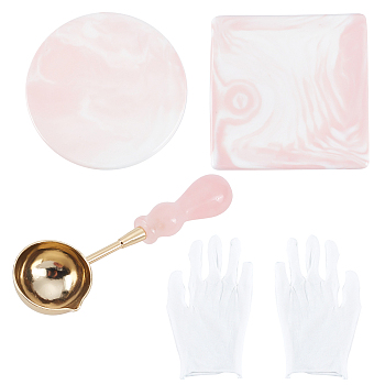 CRASPIRE DIY Scrapbook Making Kits, Including Marble Pattern Porcelain Cup Coasters, Natural Gemstone Handle Wax Sealing Stamp Melting Spoon, Gloves, Pink, 9.6x0.7cm, 1pc
