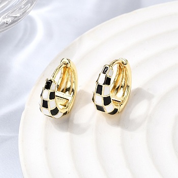 Tartan Pattern Brass Enamel Hoop Earrings for Women, Cadmium Free & Lead Free, Long-Lasting Plated, Real 18K Gold Plated, 13x14x6mm