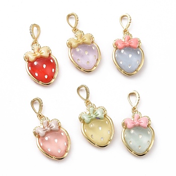 Opaque Resin Pendants, Strawberry Charm, with Brass Micro Pave Clear Cubic Zirconia Findings, Cadmium Free & Lead Free, Real 18K Gold Plated, Mixed Color, 27.5x19.5x10mm, Hole: 4.5x7mm