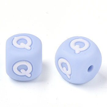 Food Grade Eco-Friendly Silicone Beads, Horizontal Hole, Chewing Beads For Teethers, DIY Nursing Necklaces Making, Letter Style, Cube, Light Sky Blue, Letter.Q, 10x10x10mm, Hole: 2mm