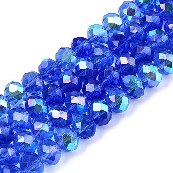 Electroplate Glass Beads Strands, Half Rainbow Plated, Faceted, Rondelle, Cornflower Blue, 8x6mm, Hole: 1mm, about 64~65pcs/strand, 40~41cm