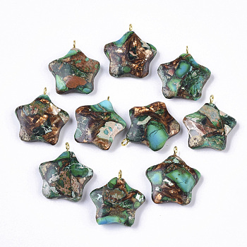 Assembled Synthetic Imperial Jasper and Bronzite Pendants, with Golden Tone Iron Loop, Dyed, Star, Sea Green, 23~24x21x5mm, Hole: 2mm