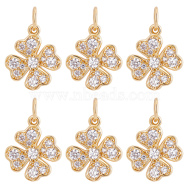 Real 18K Gold Plated Clear Clover Brass+Cubic Zirconia Charms