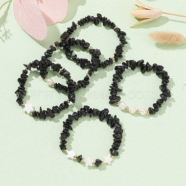 5Pcs 5 Style Natural Obsidian Chips Stretch Bracelets Set(BJEW-JB09551-03)-5