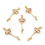 Brass Micro Pave Cubic Zirconia Pendants, Long-Lasting Plated, Heart Key, Colorful, Real 18K Gold Plated, 38x14.5x3.5mm, Hole: 3x3mm(ZIRC-L100-061G)