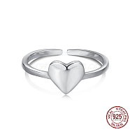 Rhodium Plated 925 Sterling Silver Open Cuff Rings, with S925 Stamp, Heart, Platinum, Inner Diameter: 17.6mm(RJEW-K253-01P)