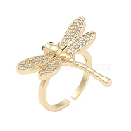 Rack Plating Dragonfly Brass Micro Pave Cubic Zirconia Open Cuff Rings for Women, Cadmium Free & Lead Free, Long-Lasting Plated, Real 18K Gold Plated, Dragonfly: 28x26.5mm, Adjustable(RJEW-B064-14G)