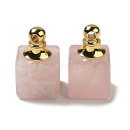 Natural Rose Quartz Perfume Bottle Pendants, Square Charms with Golden Plated 304 Stainless Steel Findings, 19x12x12mm, Hole: 2mm(G-Z039-04G-05)