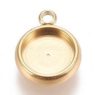 Ion Plating(IP) 304 Stainless Steel Pendant Cabochon Settings, Lace Edge Bezel Cups, Flat Round, Golden, Tray: 8mm, 13x10.5x3mm, Hole: 1.8mm(STAS-K202-03C-G)