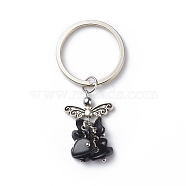 Natural Obsidian Angel Pendant Keychain, with Iron Findings, 6.8cm(KEYC-JKC00382-02)