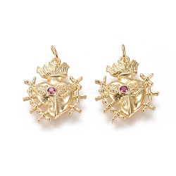 Brass Micro Pave Cubic Zirconia Pendants, Long-Lasting Plated, with Jump Rings, Sacred Heart, Deep Pink, Real 18K Gold Plated, 21x18.5x3.6mm, Jump Ring: 5.1x0.8mm, 3.5mm Inner Diameter(ZIRC-L091-064G)
