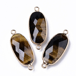 Natural Tiger Eye Links Connectors, with Light Gold Plated Edge Brass Loops, Oval, Faceted, 27x11x5.5mm, Hole: 2mm(G-R472-03D)