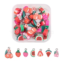 35Pcs 7 Style Handmade Polymer Clay Pendants, with Platinum Iron Findings, Imitation Food, Strawberry & Watermelon & Cherry, Mixed Color, 12.5~21.5x8~13.5x4~6mm, Hole: 1.8mm, 5pcs/style(CLAY-FS0001-05)