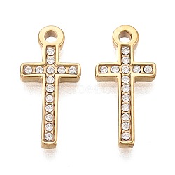 304 Stainless Steel Micro Pave Clear Cubic Zirconia Pendants, Religion Corss Charms, Mirror Polished Finish, Ion Plating(IP), Real 18K Gold Plated, 20.5x9.5x2mm, Hole: 1.9~2mm(STAS-N125-01G)