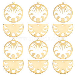 12Pcs 2 Style Brass Pendants, Half Round & Ring with Phase of the Moon, Golden, 20~30x27~30x0.5~1mm, Hole: 1.6~2mm, 6pcs/style(KK-DC0001-55)