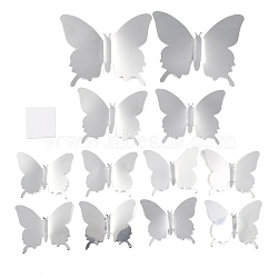3D PLastic Mirror Wall Stickers, with Adhesive Tape, for Home Living Room Bedroom Wall Decorations, Butterfly, Silver, 52~91x63~107x0.2mm, 12pcs/set(DIY-F077-02A)