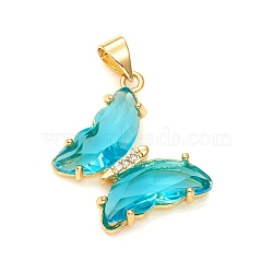 Glass Pendants, with Brass Clear Micro Pave Cubic Zirconia, Butterfly, Golden, Deep Sky Blue, 24x21x4mm, Hole: 5.5x3.5mm(X-GLAA-G075-01G-07)