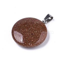Synthetic Goldstone Pendants, with Platinum Tone Brass Bails, Flat Round, 22~25x19~21x5~7mm, Hole: 3x6mm(G-R470-004)