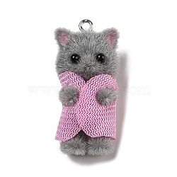 Flocking Opaque Resin Pendants, Cat in Pink Clothes Charms with Platinum Tone Iron Loops, Dark Gray, 35x16.5x16mm, Hole: 2mm(RESI-G098-01F)