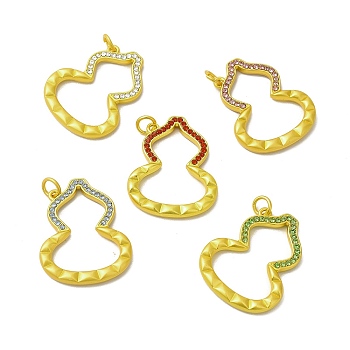 Rack Plating Alloy Rhinestone Pendants with Jump Ring, Gourd Charms, Matte Gold Color, Mixed Color, 30.5x26x3.5mm, Hole: 4mm