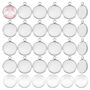62Pcs DIY Half Round Pendant Making Kits, Including 304 Stainless Steel Pendant Settings and Transparent Glass Cabochons, Stainless Steel Color, Tray: 20mm, 26.5x22x2mm, Hole: 3mm