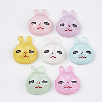 Opaque Bunny Resin Cabochons, with Glitter Powder, Rabbit Head, Mixed Color, 23x19x8mm
