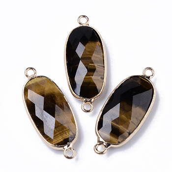 Natural Tiger Eye Links Connectors, with Light Gold Plated Edge Brass Loops, Oval, Faceted, 27x11x5.5mm, Hole: 2mm