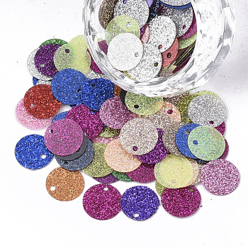 Ornament Accessories, PVC Plastic Paillette/Sequins Beads, with Glitter Powder, Flat Round, Mixed Color, 10x0.4mm, Hole: 1.4mm, about 430pcs/bag