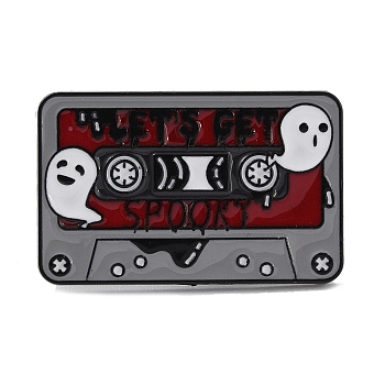 Cassette with Word Spooky Enamel Pins, Electrophoresis Black Zinc Alloy Brooch for Clothes Backpack, Halloween, Gray, 19x30x1.5mm