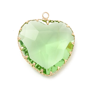 K9 Glass Pendants, Heart Charms, with Light Gold Tone Brass Findings, Faceted, Peridot, 31x28x9mm, Hole: 2mm
