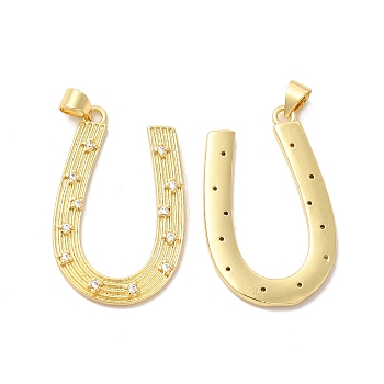 Rack Plating Brass Micro Pave Cubic Zirconia Pendants, Cadmium Free & Lead Free, Long-Lasting, Horseshoe, Real 18K Gold Plated, 32x22x2mm, Hole: 3x5mm