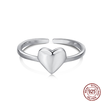 Rhodium Plated 925 Sterling Silver Open Cuff Rings, with S925 Stamp, Heart, Platinum, Inner Diameter: 17.6mm