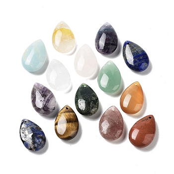 Natural Mixed Stone Pendants, Teardrop Charms, 25~25.5x16x7.5~8.5mm, Hole: 1.2mm