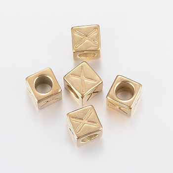 304 Stainless Steel Large Hole Letter European Beads, Horizontal Hole, Cube with Letter.X, Golden, 8x8x8mm, Hole: 5mm